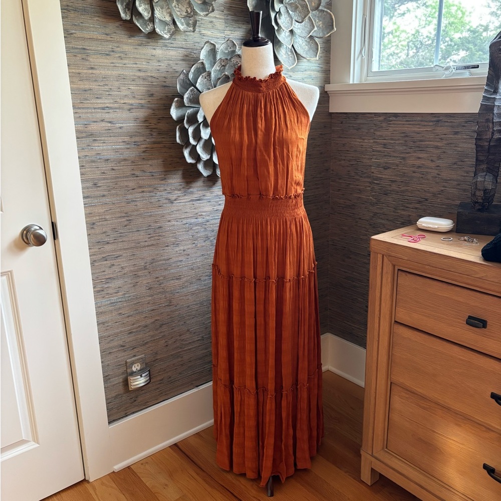 Taylor Rust Halter Smocked Maxi Dress